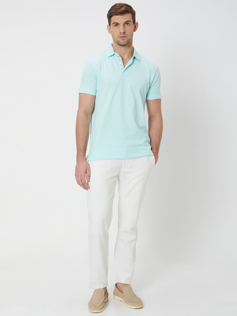 Turquoise Textured Plain Slim Fit Textured Jersey Polo