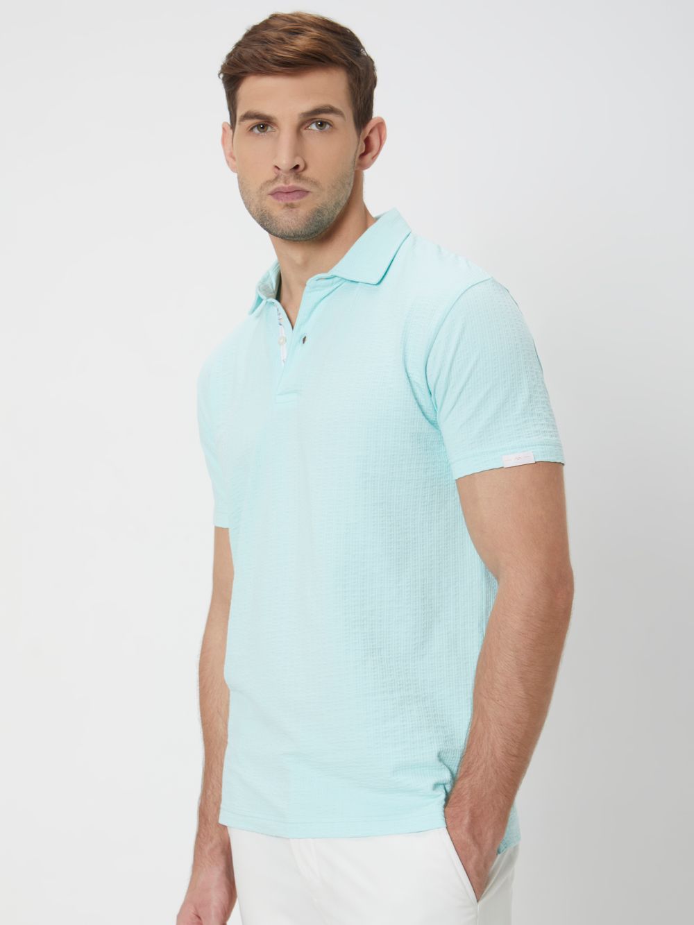 Turquoise Textured Plain Slim Fit Textured Jersey Polo