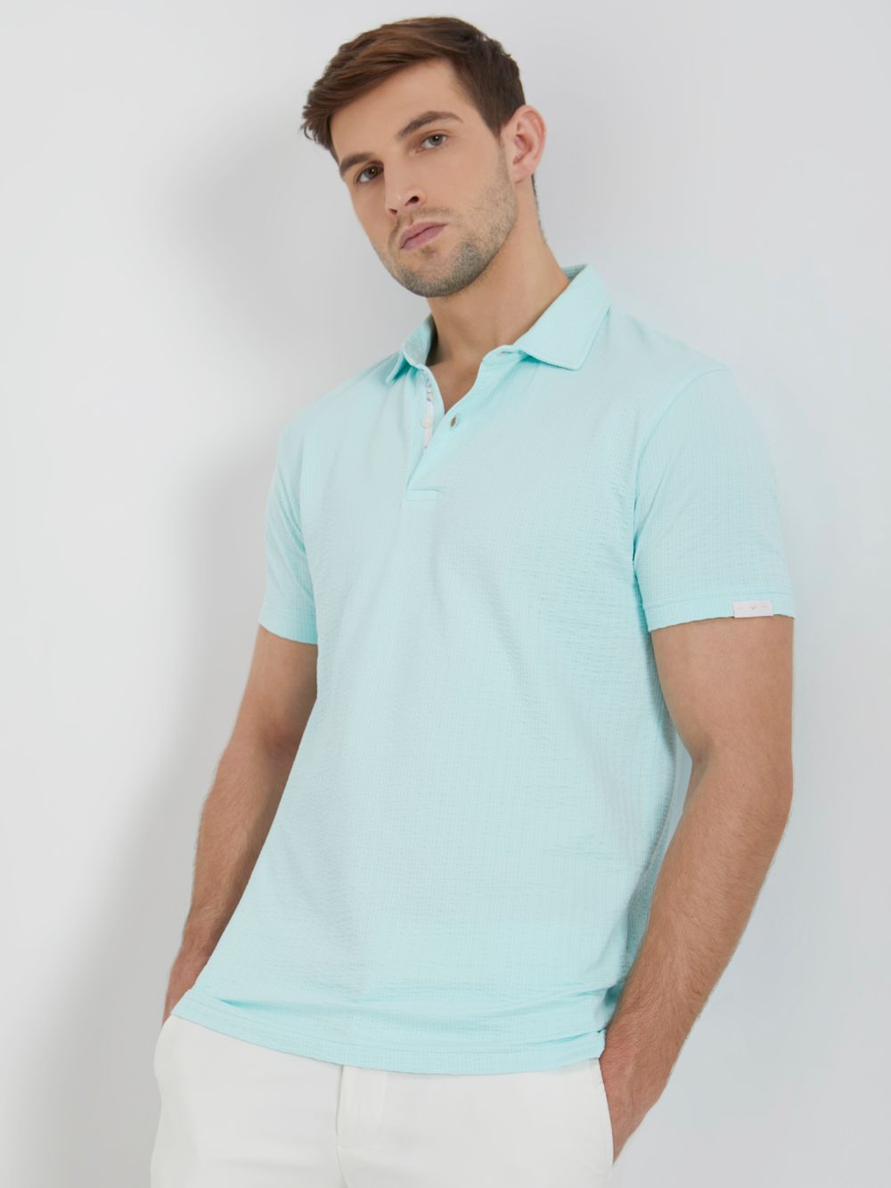 Turquoise Textured Plain Slim Fit Textured Jersey Polo