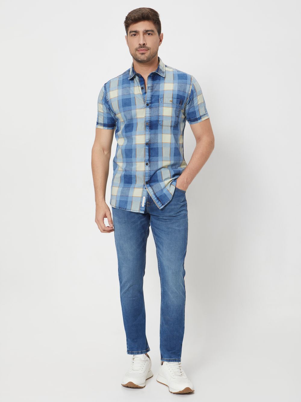 Light Blue Large Check Slim Fit Casual Shirt