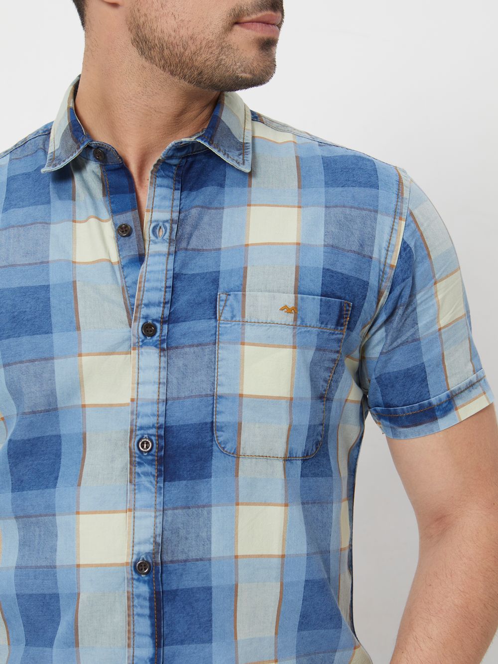Light Blue Large Check Slim Fit Casual Shirt