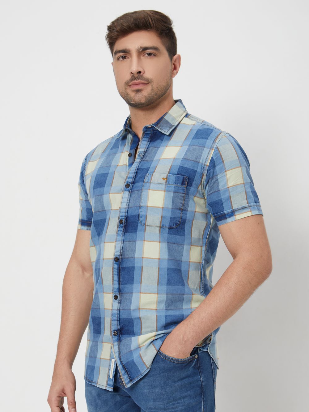 Light Blue Large Check Slim Fit Casual Shirt