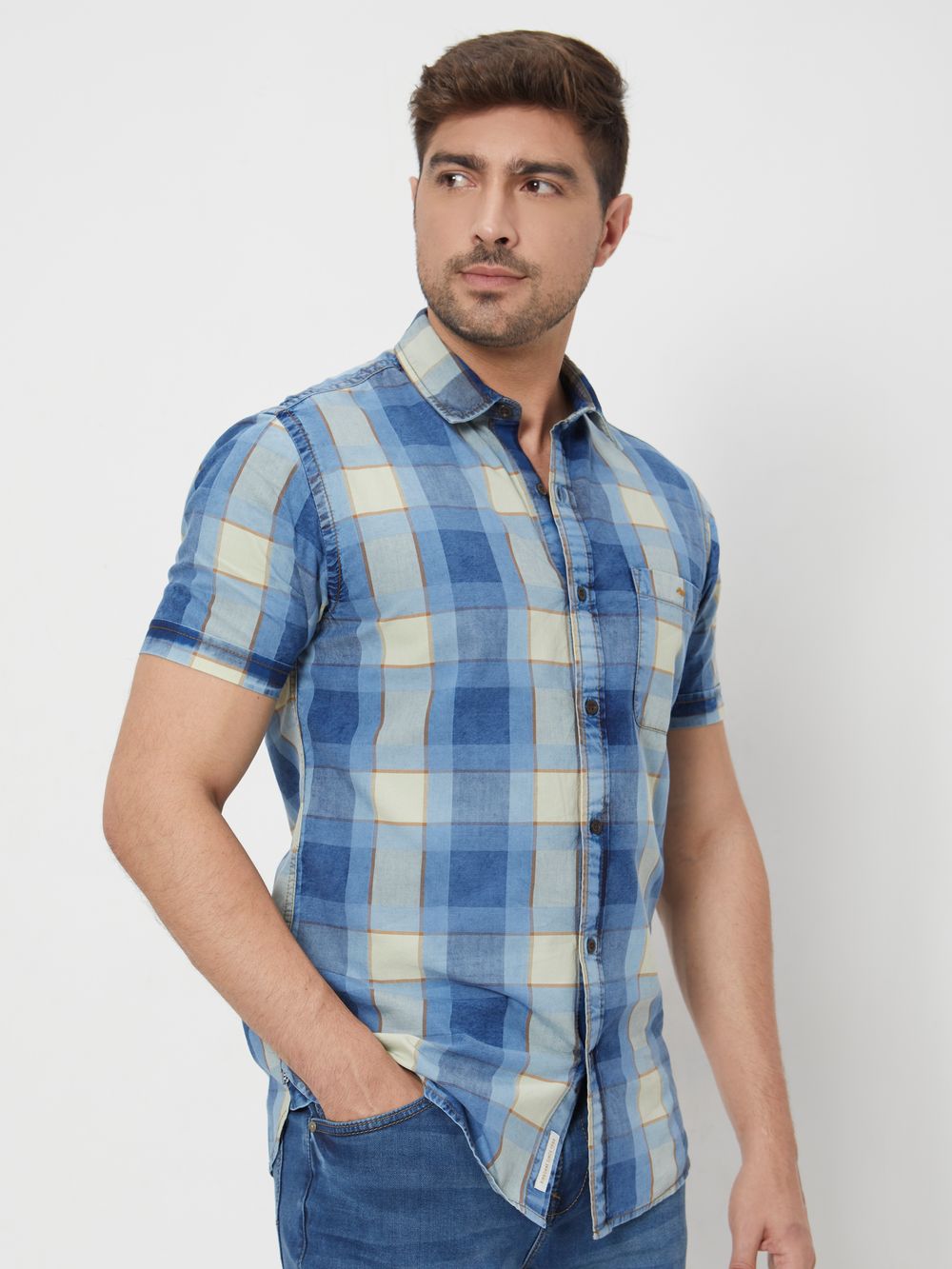 Light Blue Large Check Slim Fit Casual Shirt