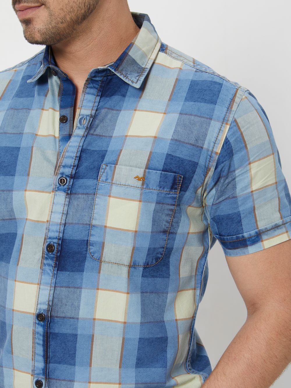 Light Blue Large Check Slim Fit Casual Shirt