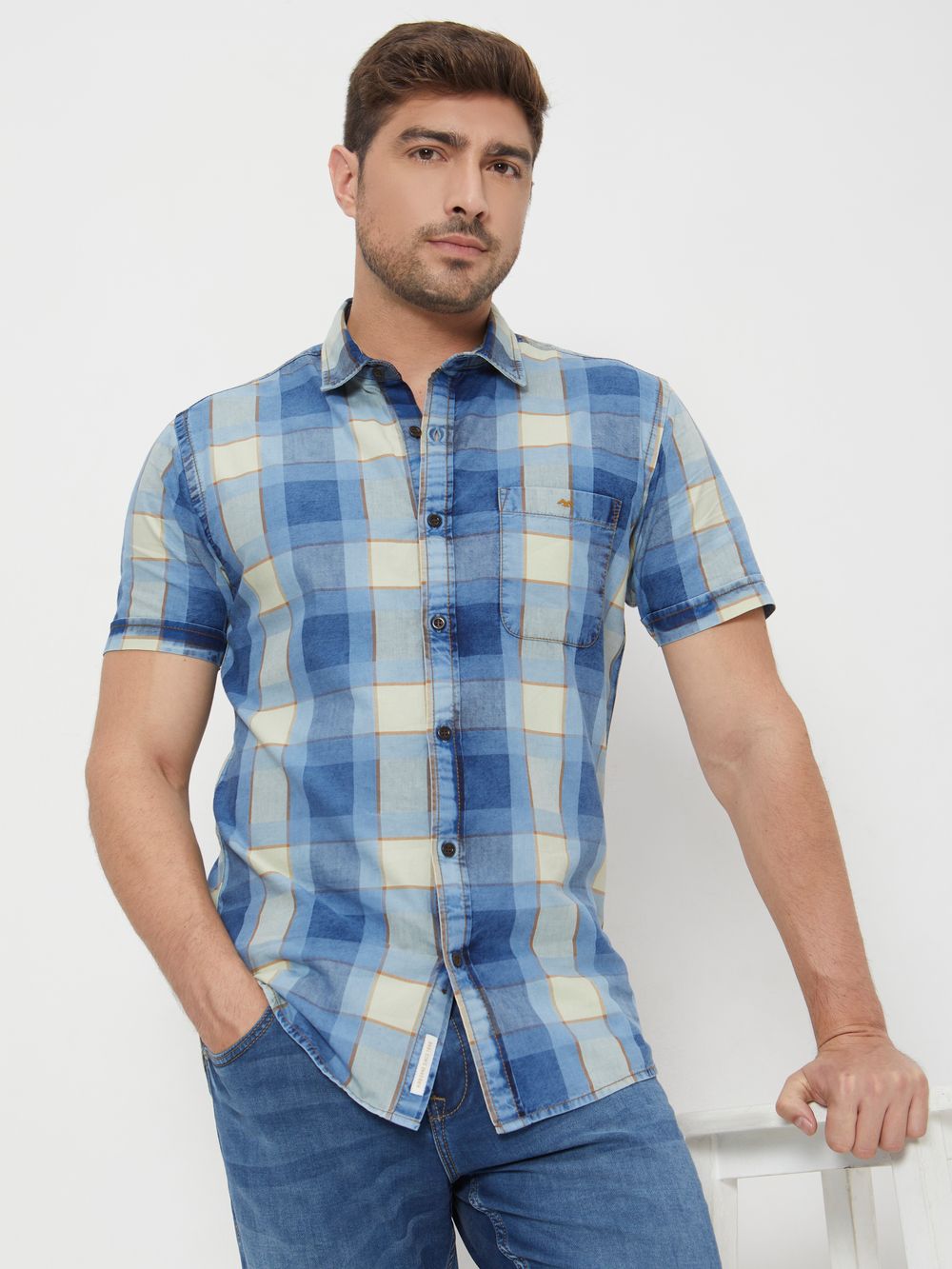 Light Blue Large Check Slim Fit Casual Shirt