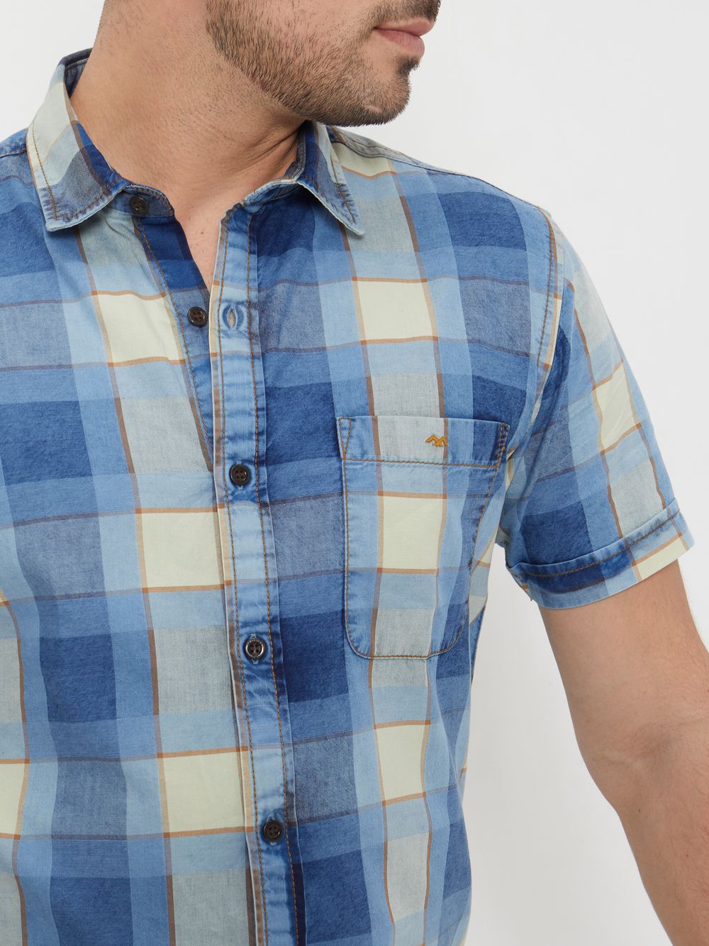 Light Blue Large Check Slim Fit Casual Shirt
