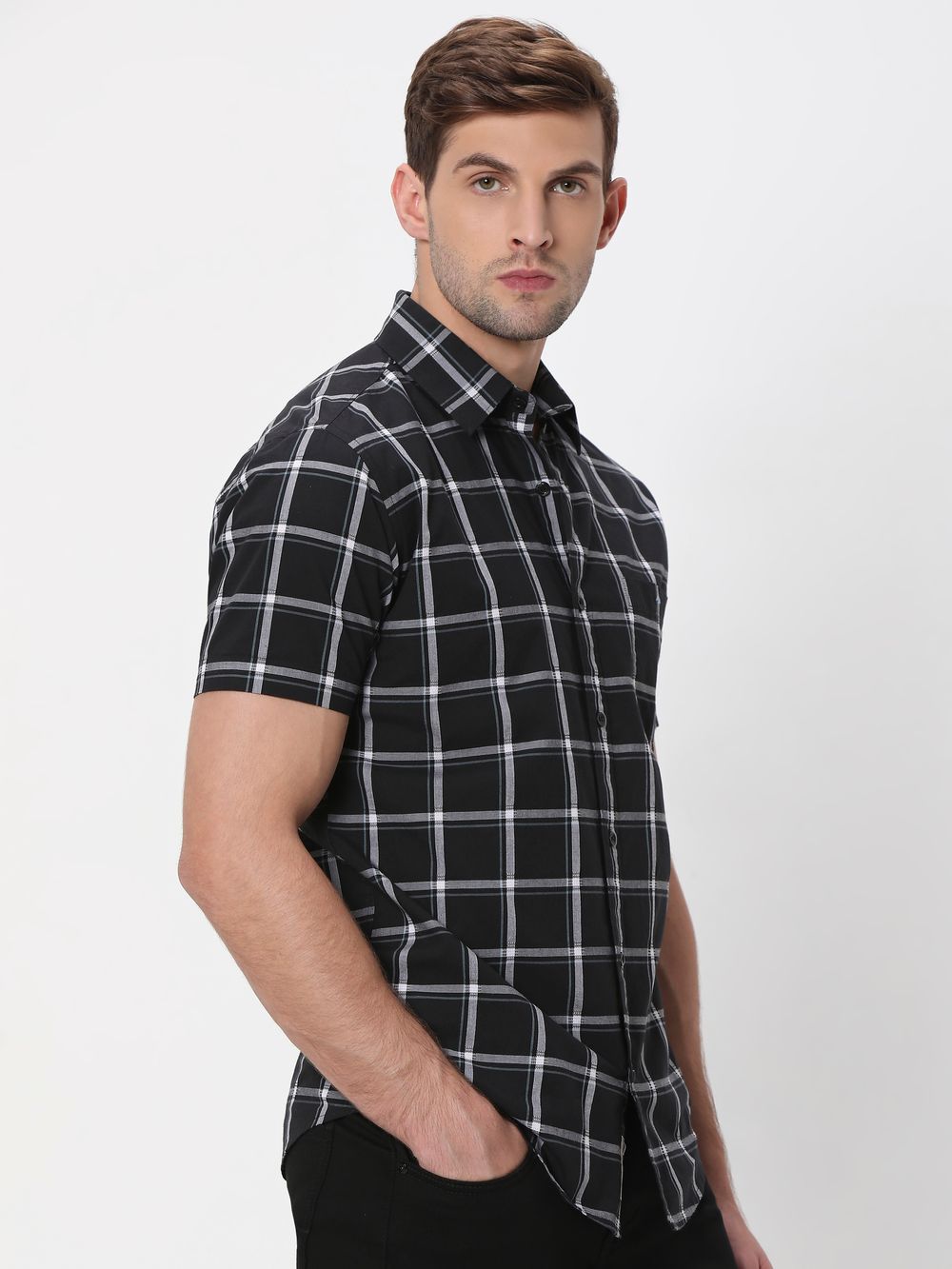 Black Square Check Slim Fit Casual Shirt