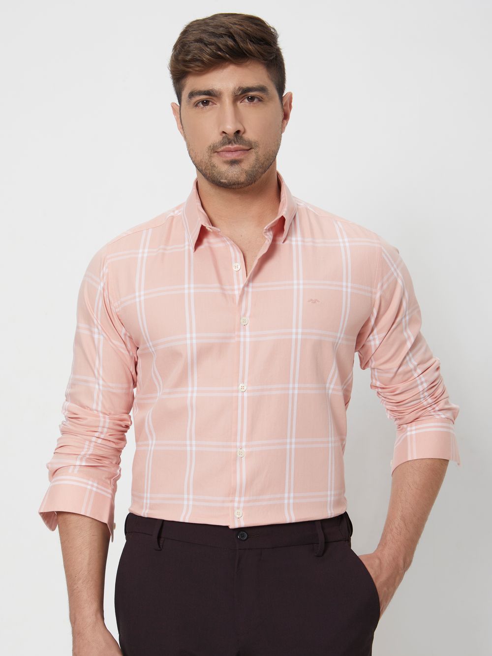 Pastel Pink & White Windowpane Check Slim Fit Casual Shirt