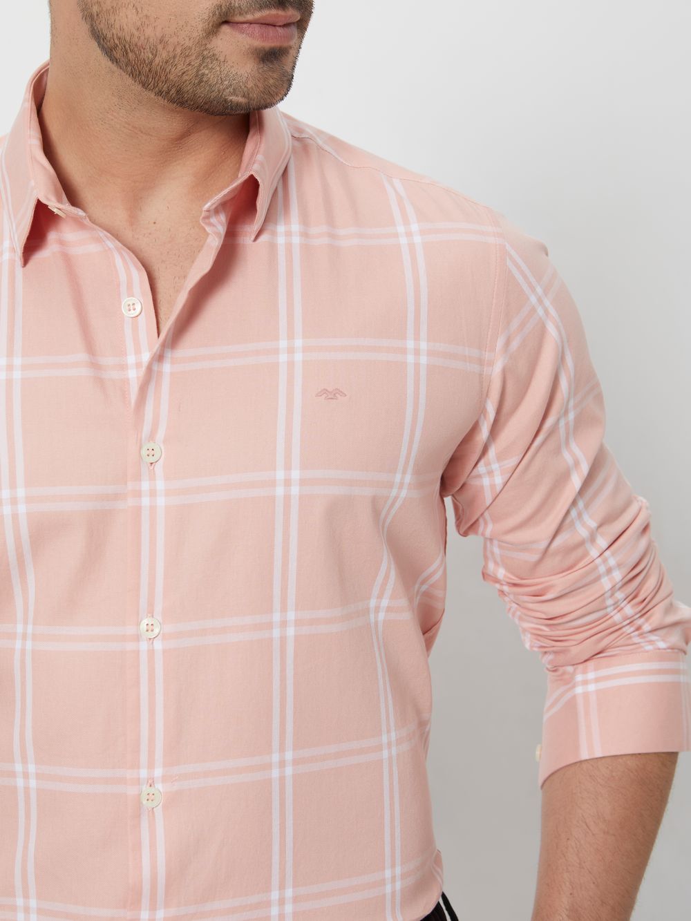 Pastel Pink & White Windowpane Check Slim Fit Casual Shirt