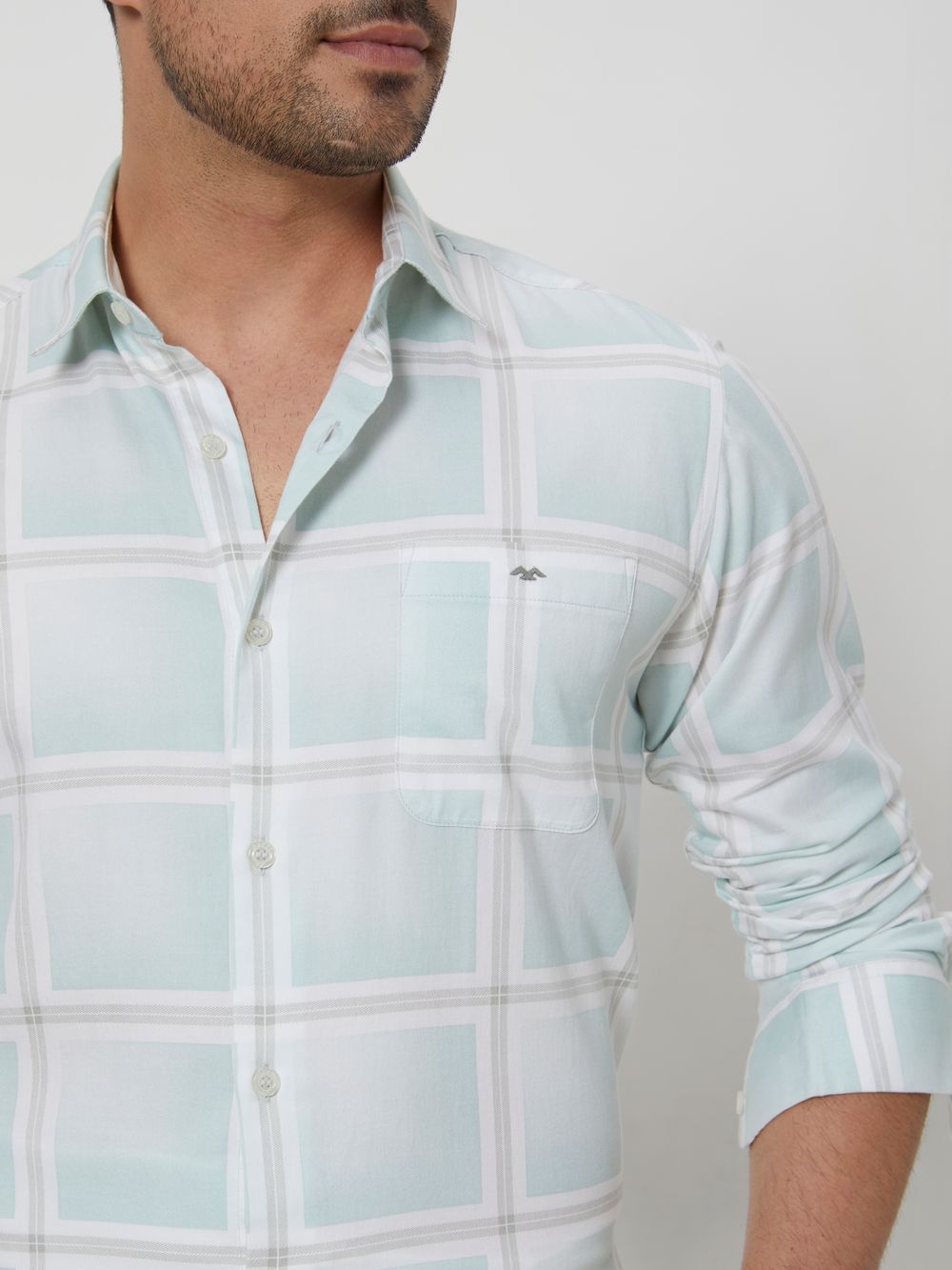 Light Green & White Printed Check Slim Fit Casual Shirt