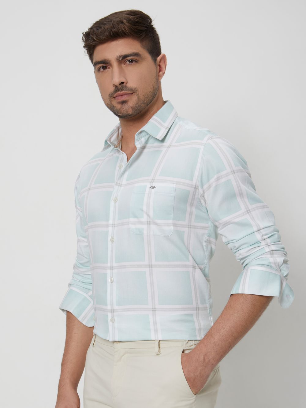 Light Green & White Printed Check Slim Fit Casual Shirt