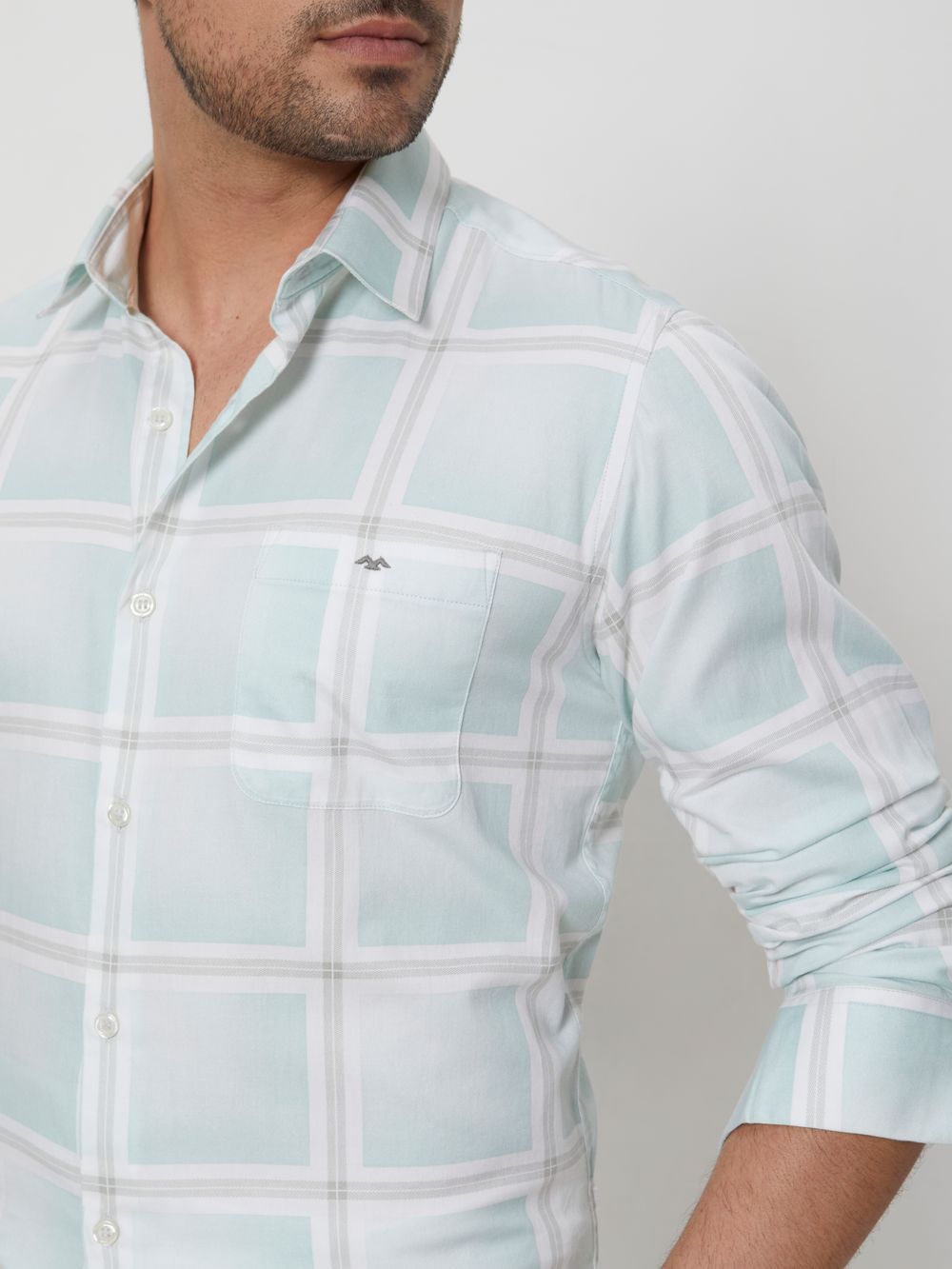 Light Green & White Printed Check Slim Fit Casual Shirt