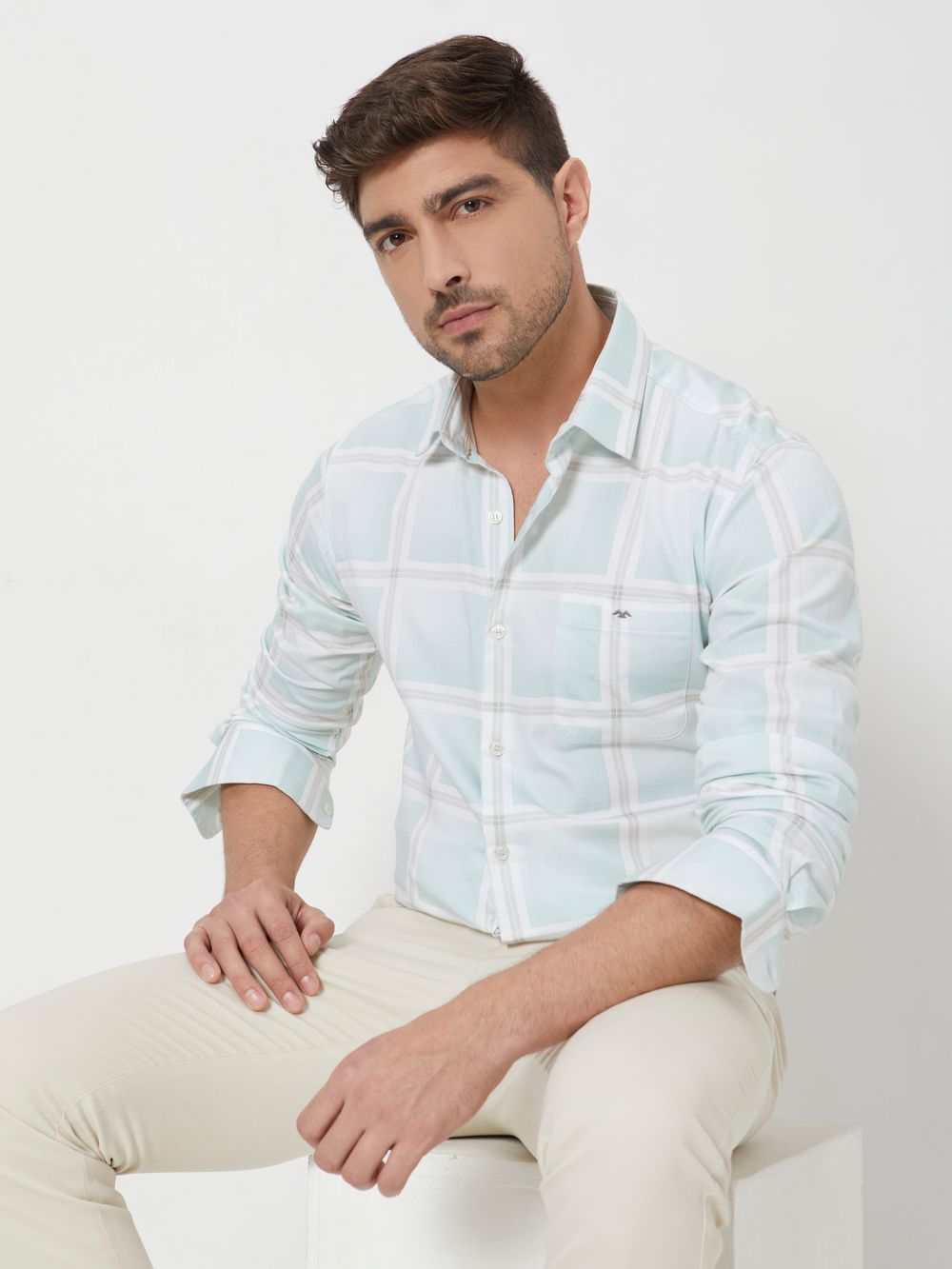 Light Green & White Printed Check Slim Fit Casual Shirt