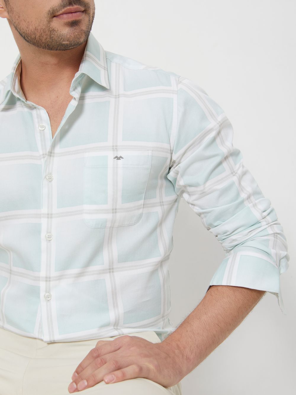 Light Green & White Printed Check Slim Fit Casual Shirt