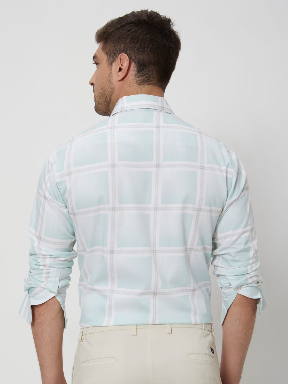 Light Green & White Printed Check Slim Fit Casual Shirt