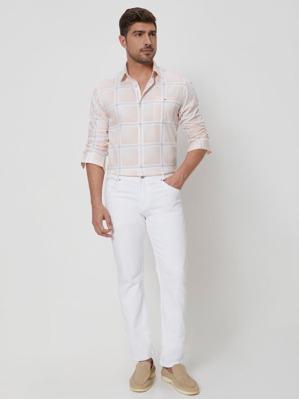 Peach & White Printed Check Slim Fit Casual Shirt