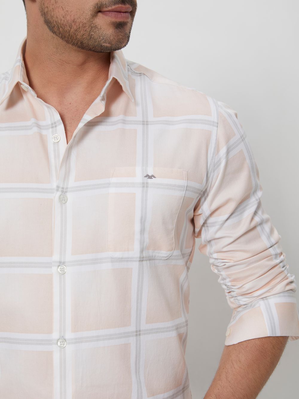 Peach & White Printed Check Slim Fit Casual Shirt
