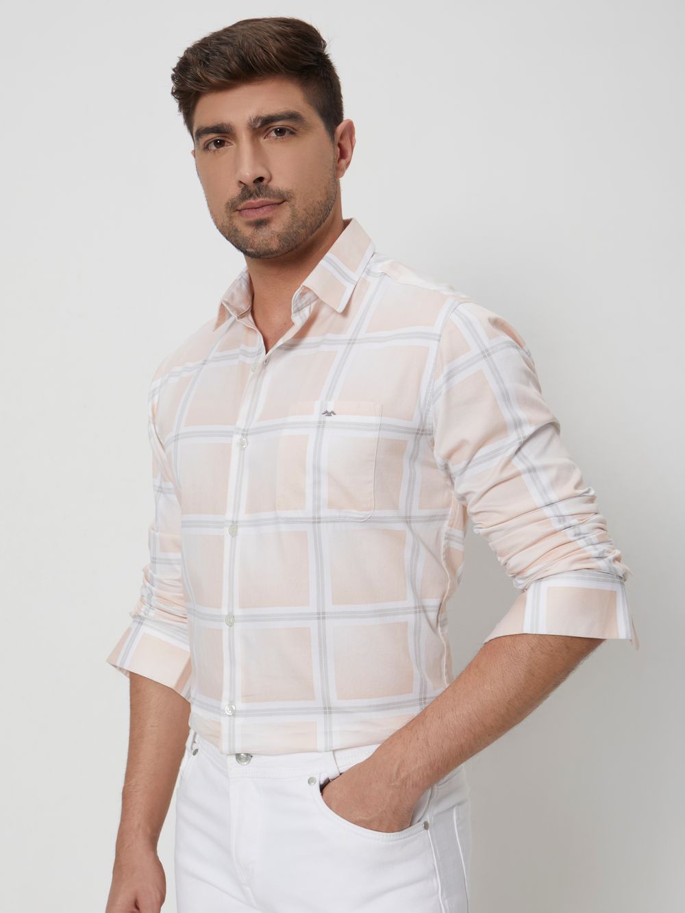 Peach & White Printed Check Slim Fit Casual Shirt