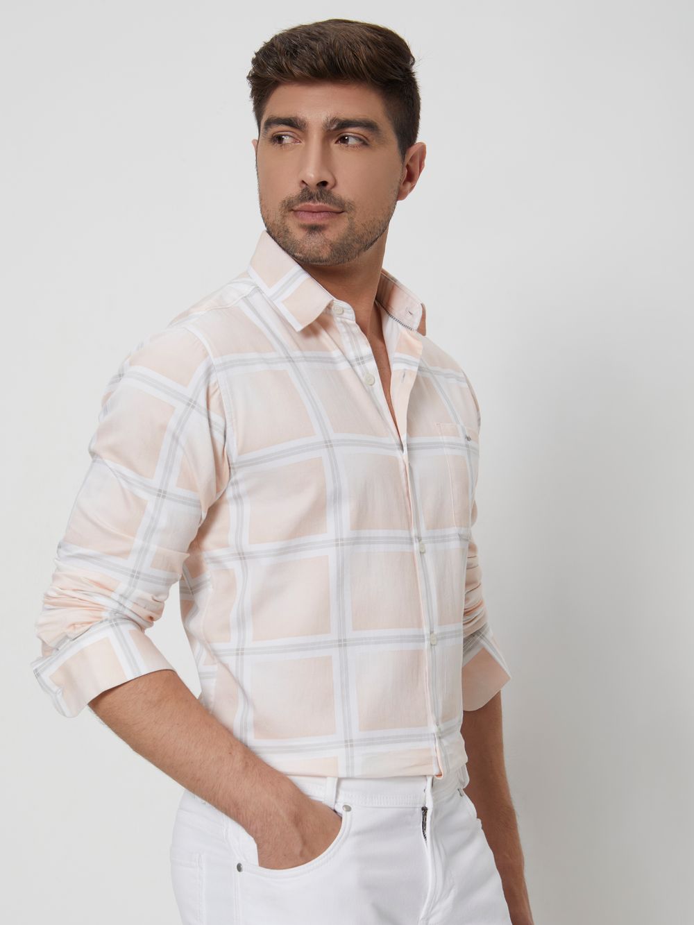 Peach & White Printed Check Slim Fit Casual Shirt