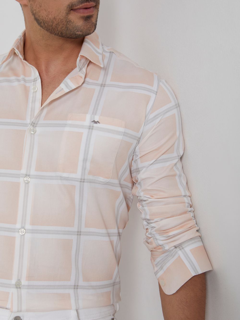 Peach & White Printed Check Slim Fit Casual Shirt