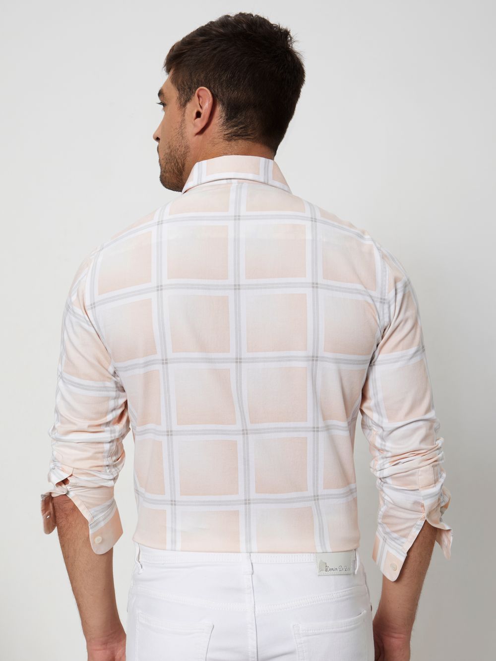 Peach & White Printed Check Slim Fit Casual Shirt
