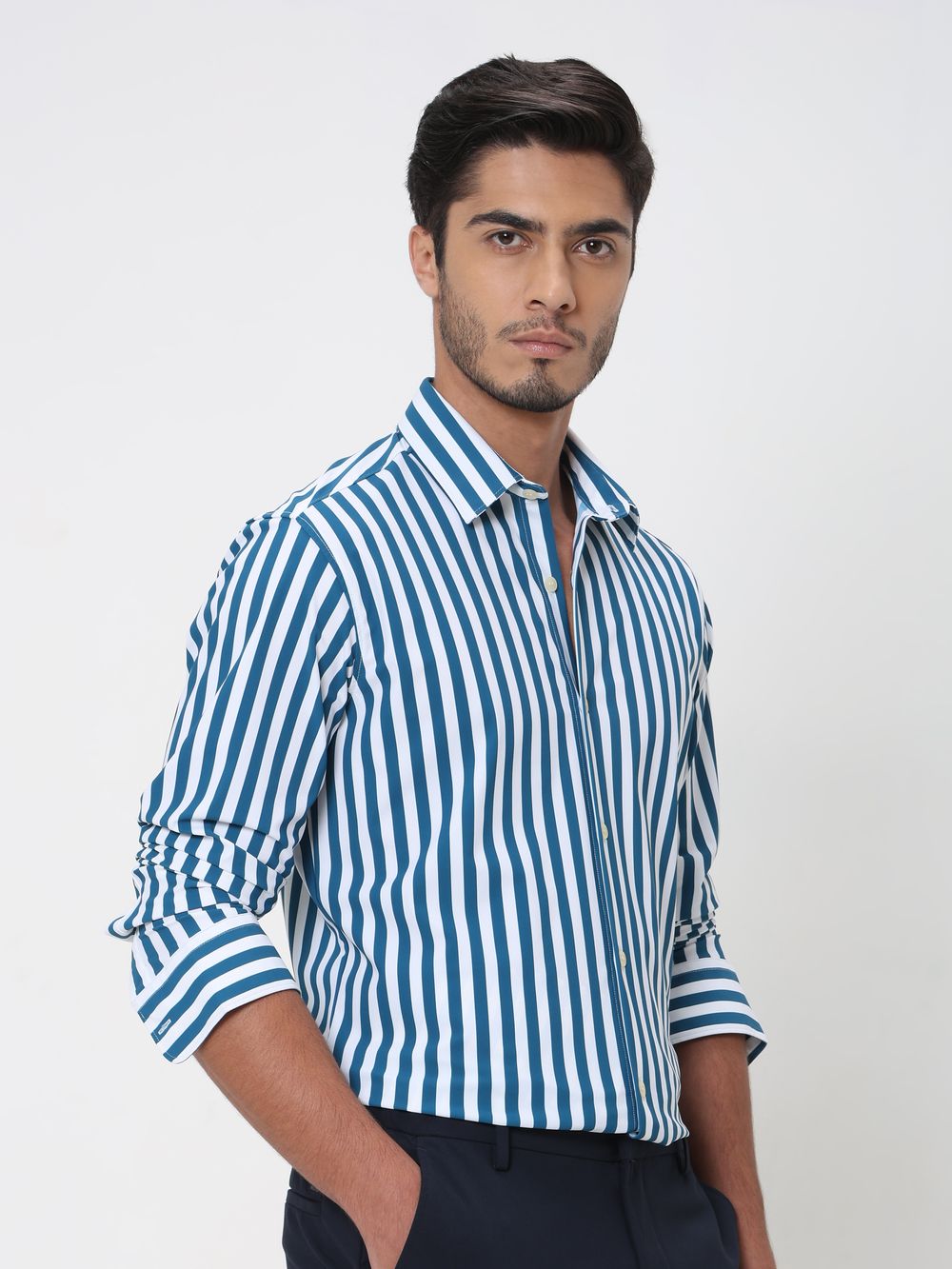 Green Candy Stripe Slim Fit Casual Shirt