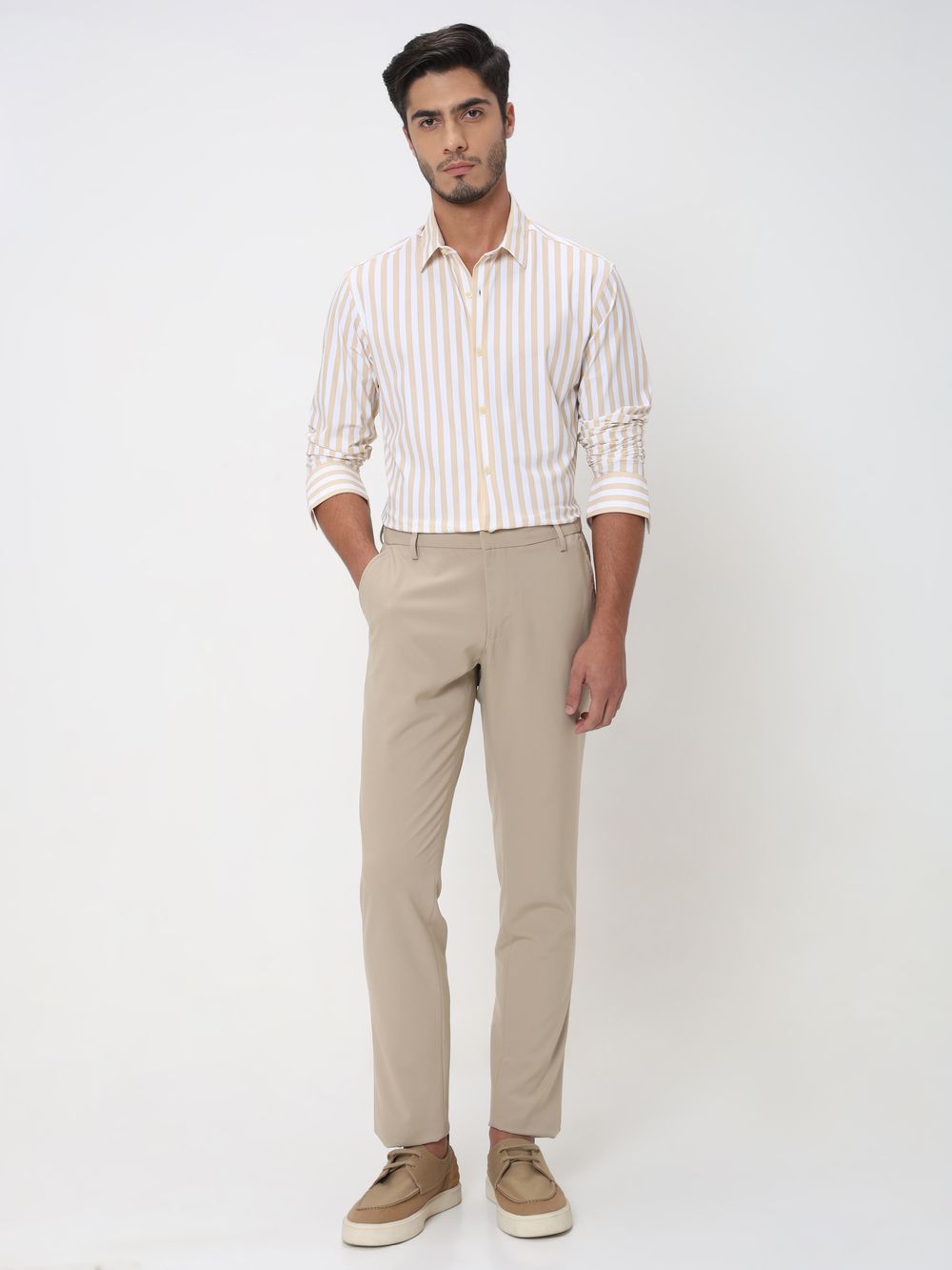 Beige Candy Stripe Slim Fit Casual Shirt