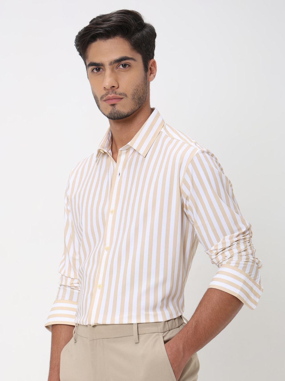 Beige Candy Stripe Slim Fit Casual Shirt