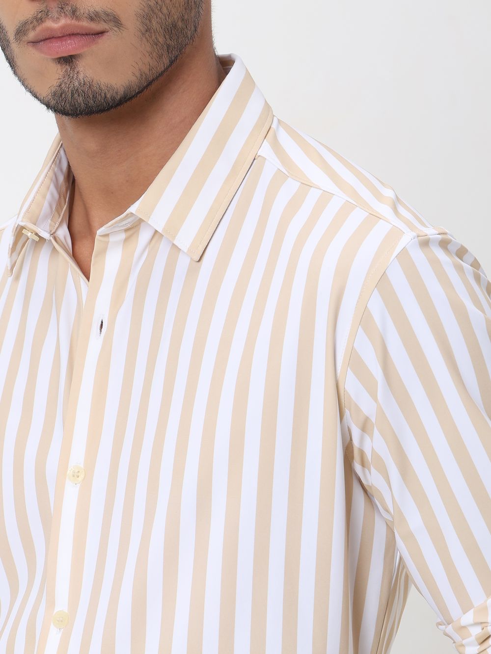 Beige Candy Stripe Slim Fit Casual Shirt