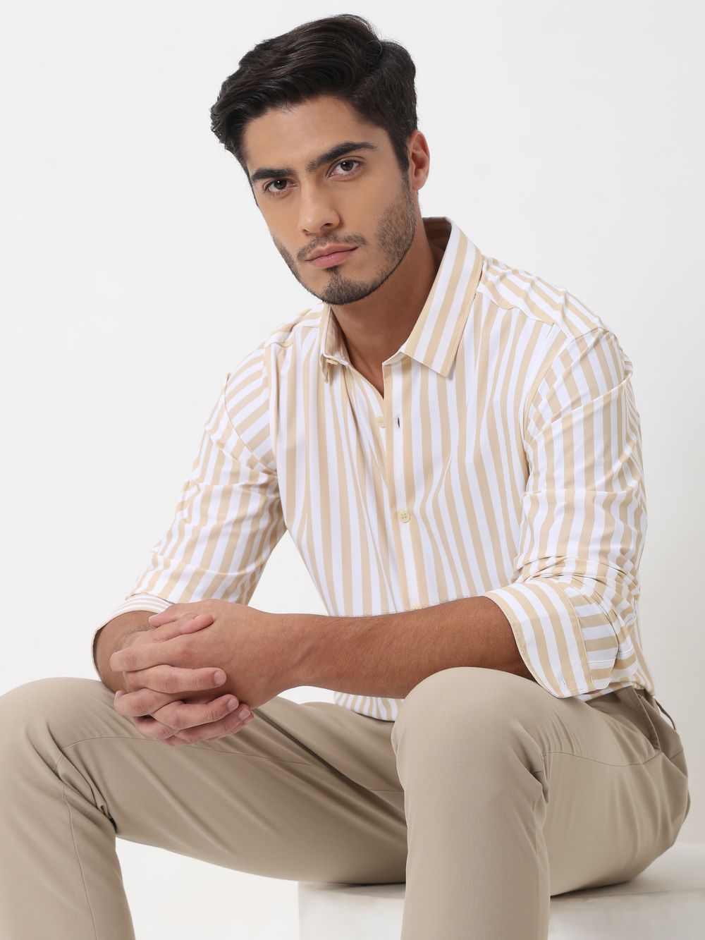 Beige Candy Stripe Slim Fit Casual Shirt