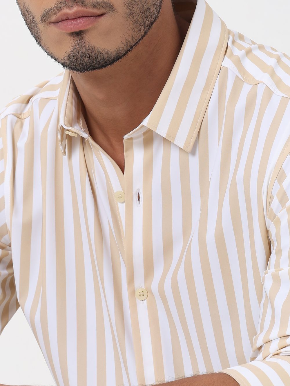 Beige Candy Stripe Slim Fit Casual Shirt