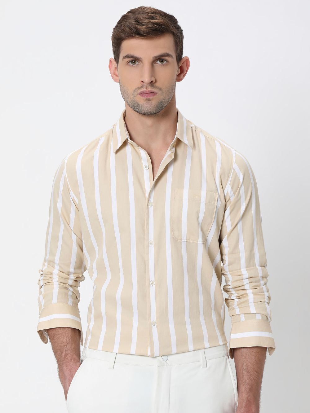 Beige Awning Stripe Slim Fit Casual Shirt