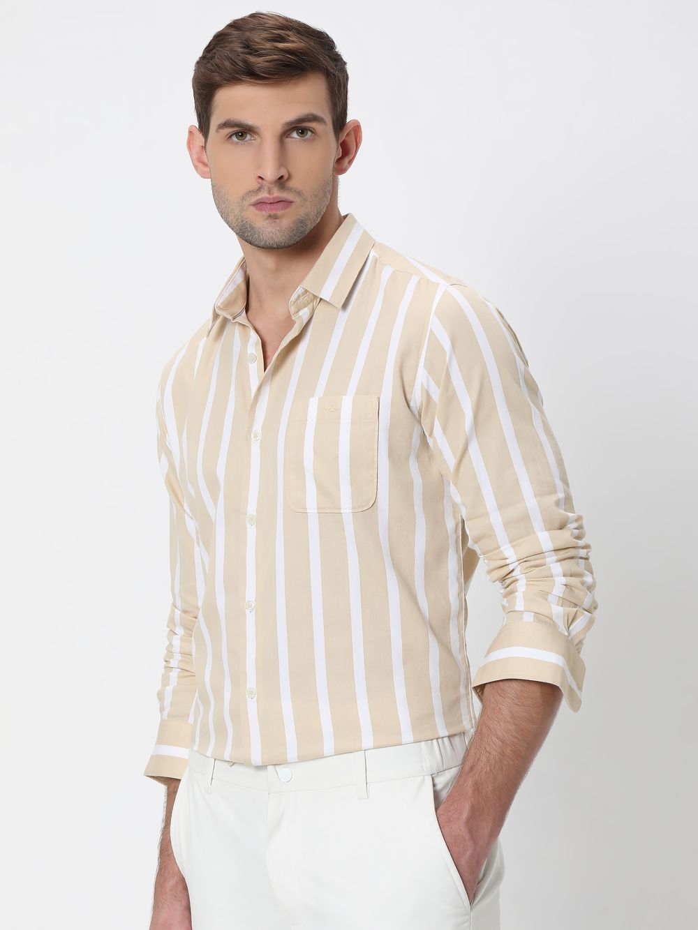 Beige Awning Stripe Slim Fit Casual Shirt