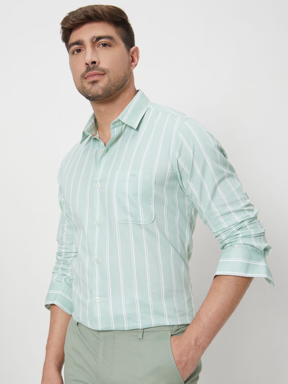 Light Green Candy Stripe Slim Fit Casual Shirt