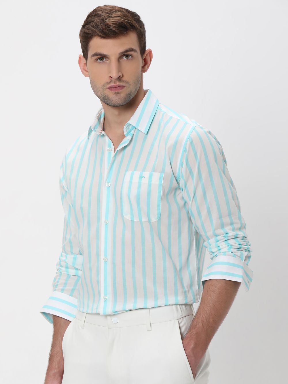 Turquoise Candy Stripe Slim Fit Casual Shirt