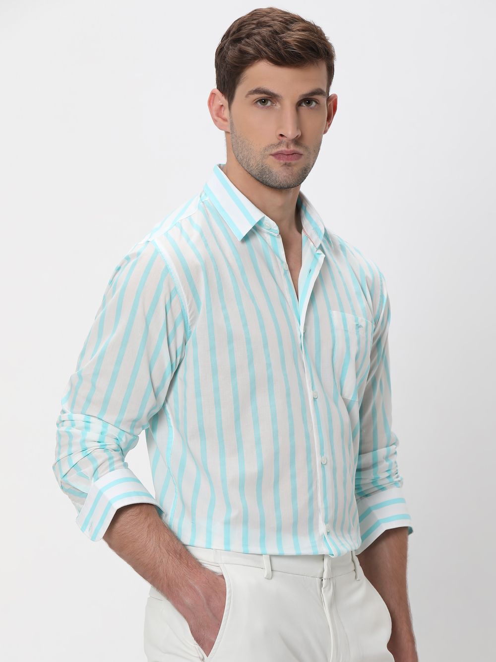 Turquoise Candy Stripe Slim Fit Casual Shirt