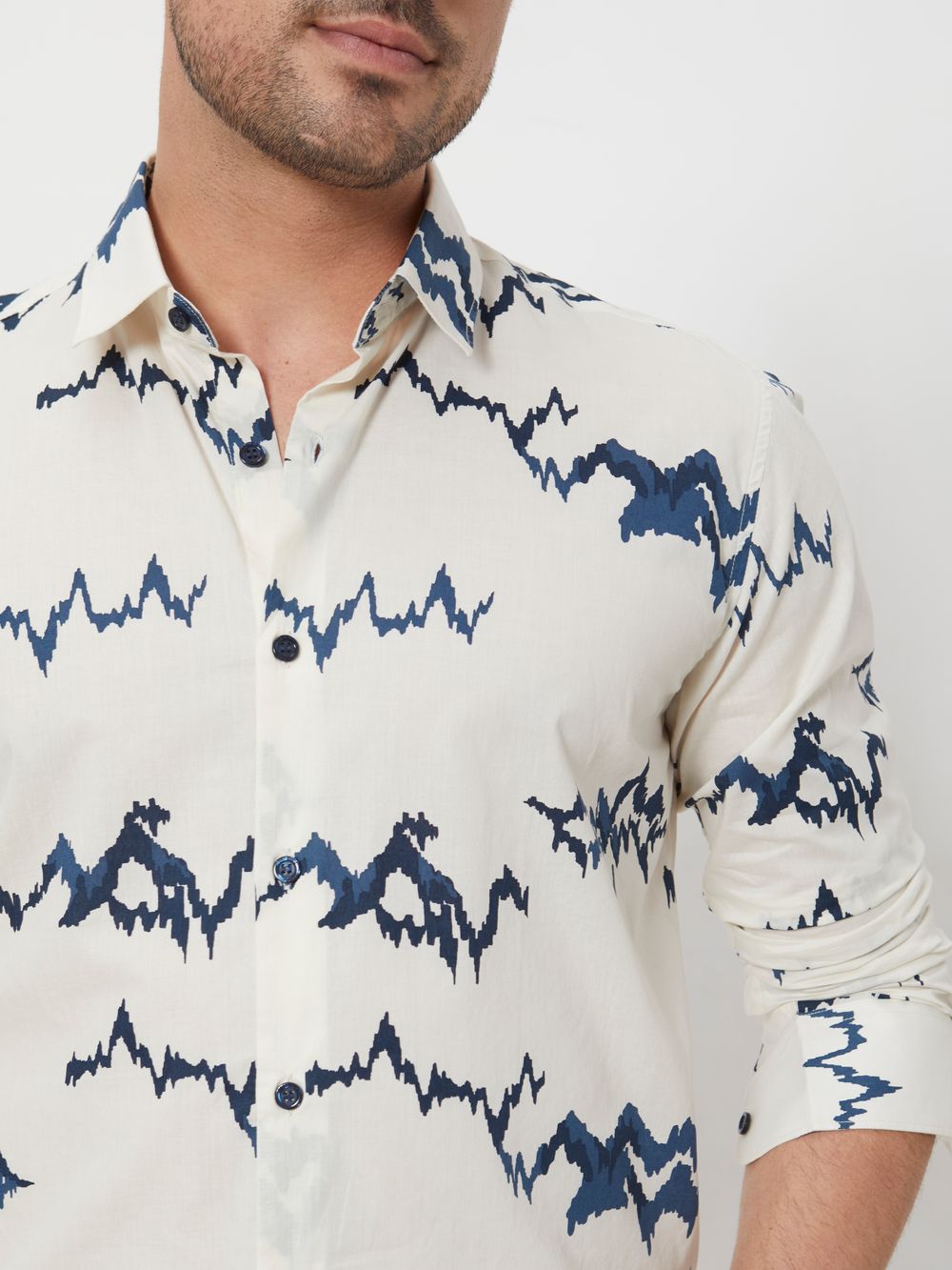 Off White & Navy Abstract Print Slim Fit Casual Shirt