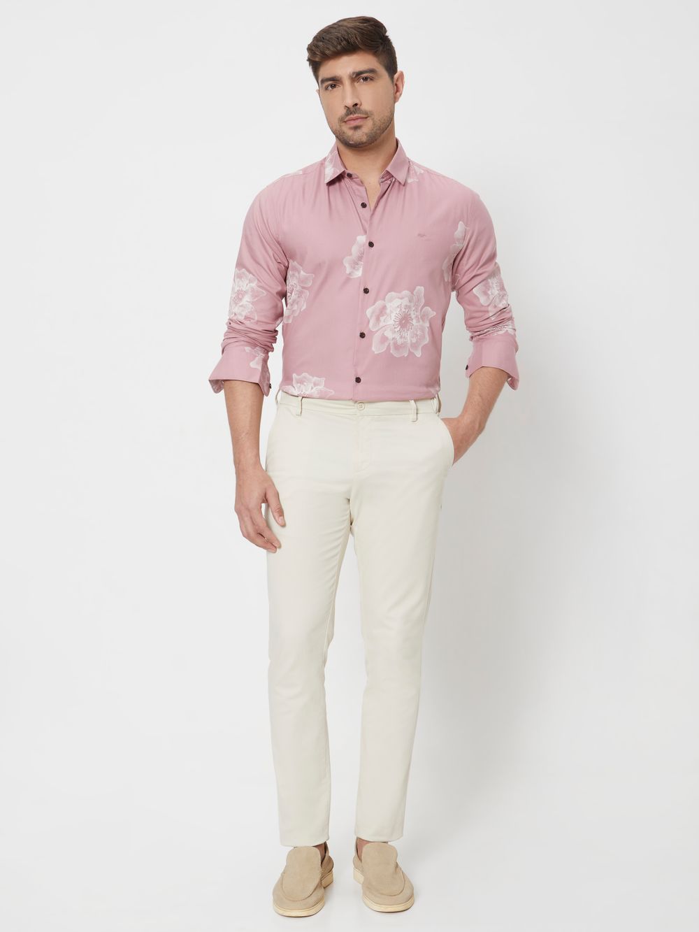 Pink Floral Print Slim Fit Casual Shirt