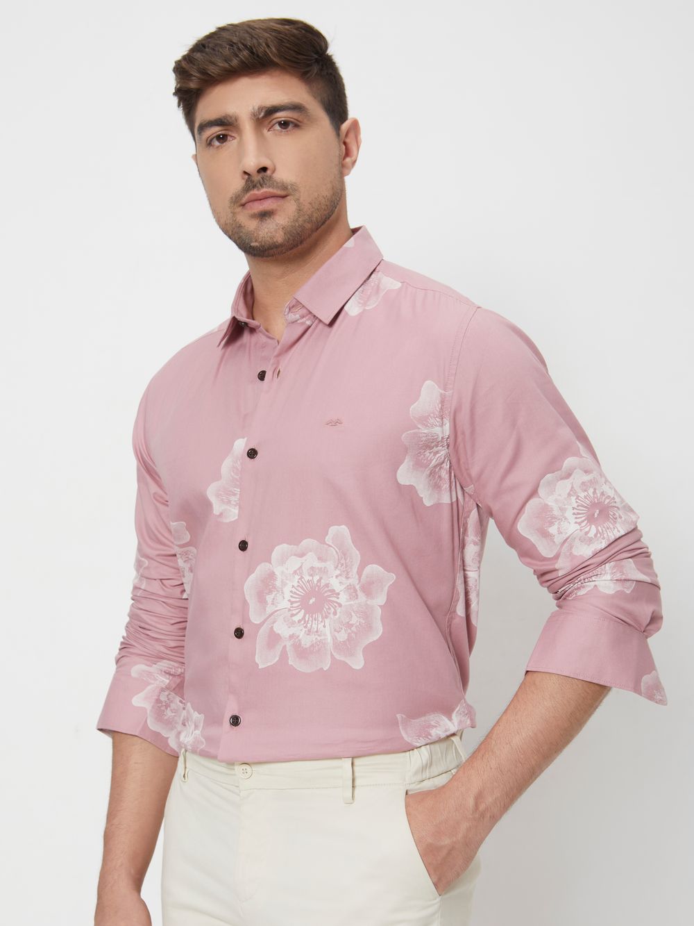 Pink Floral Print Slim Fit Casual Shirt