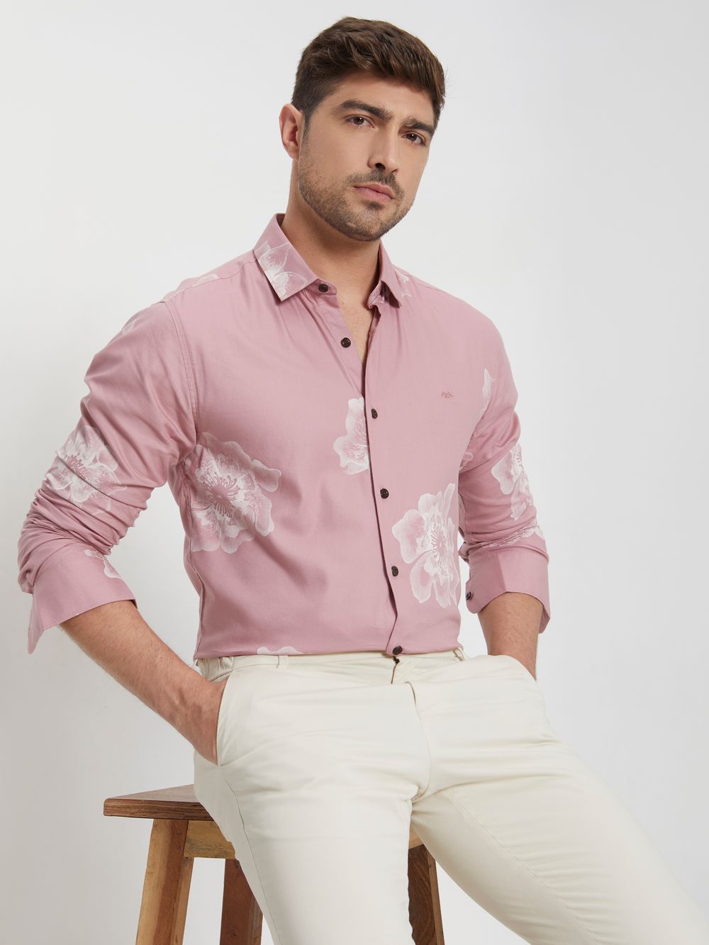 Pink Floral Print Slim Fit Casual Shirt