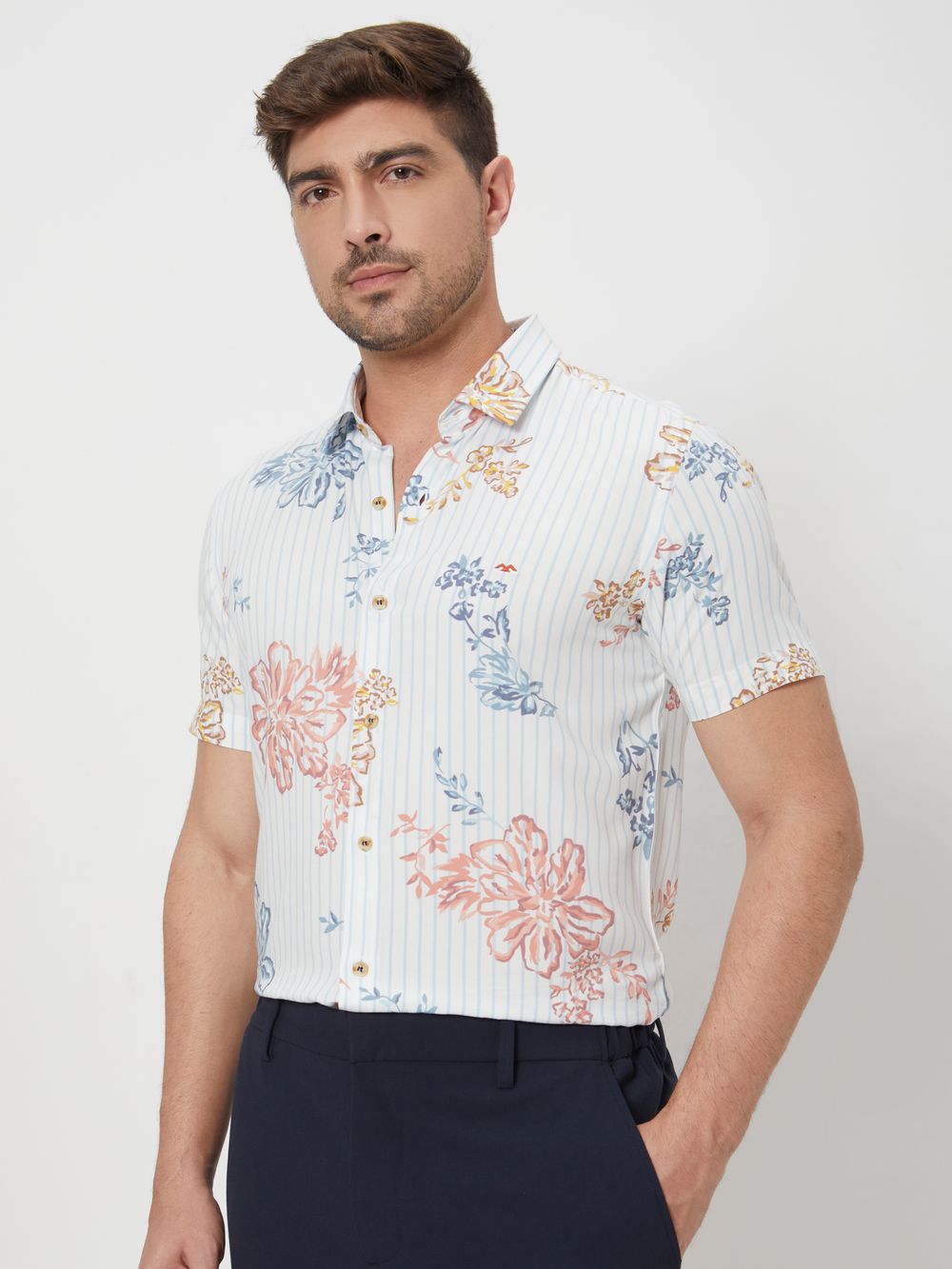 Light Blue Floral Print Slim Fit Casual Shirt