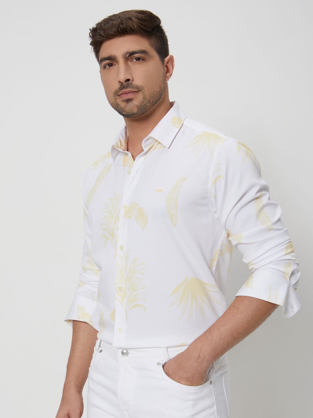 Yellow & White Leaf Print Slim Fit Casual Shirt