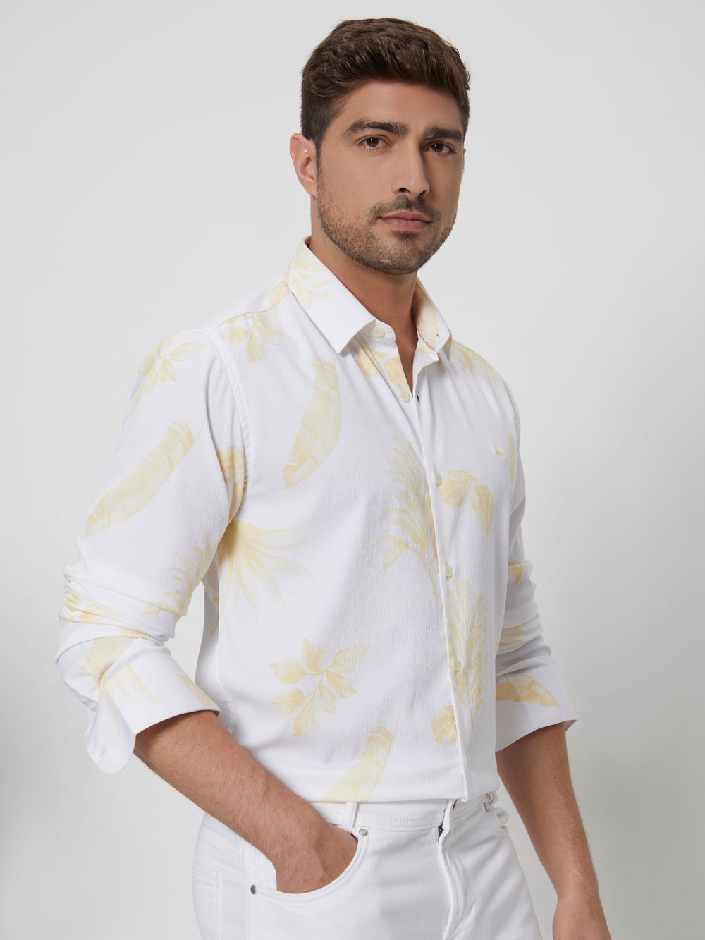 Yellow & White Leaf Print Slim Fit Casual Shirt