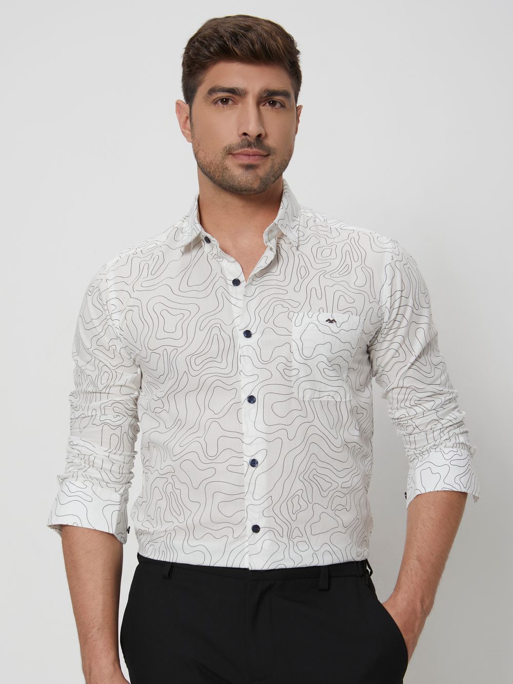 White & Black Abstract Print Slim Fit Casual Shirt