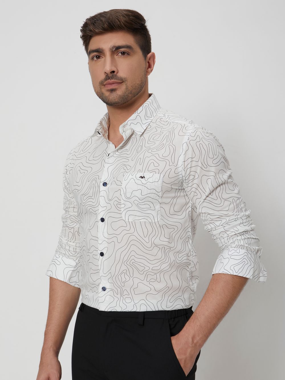 White & Black Abstract Print Slim Fit Casual Shirt