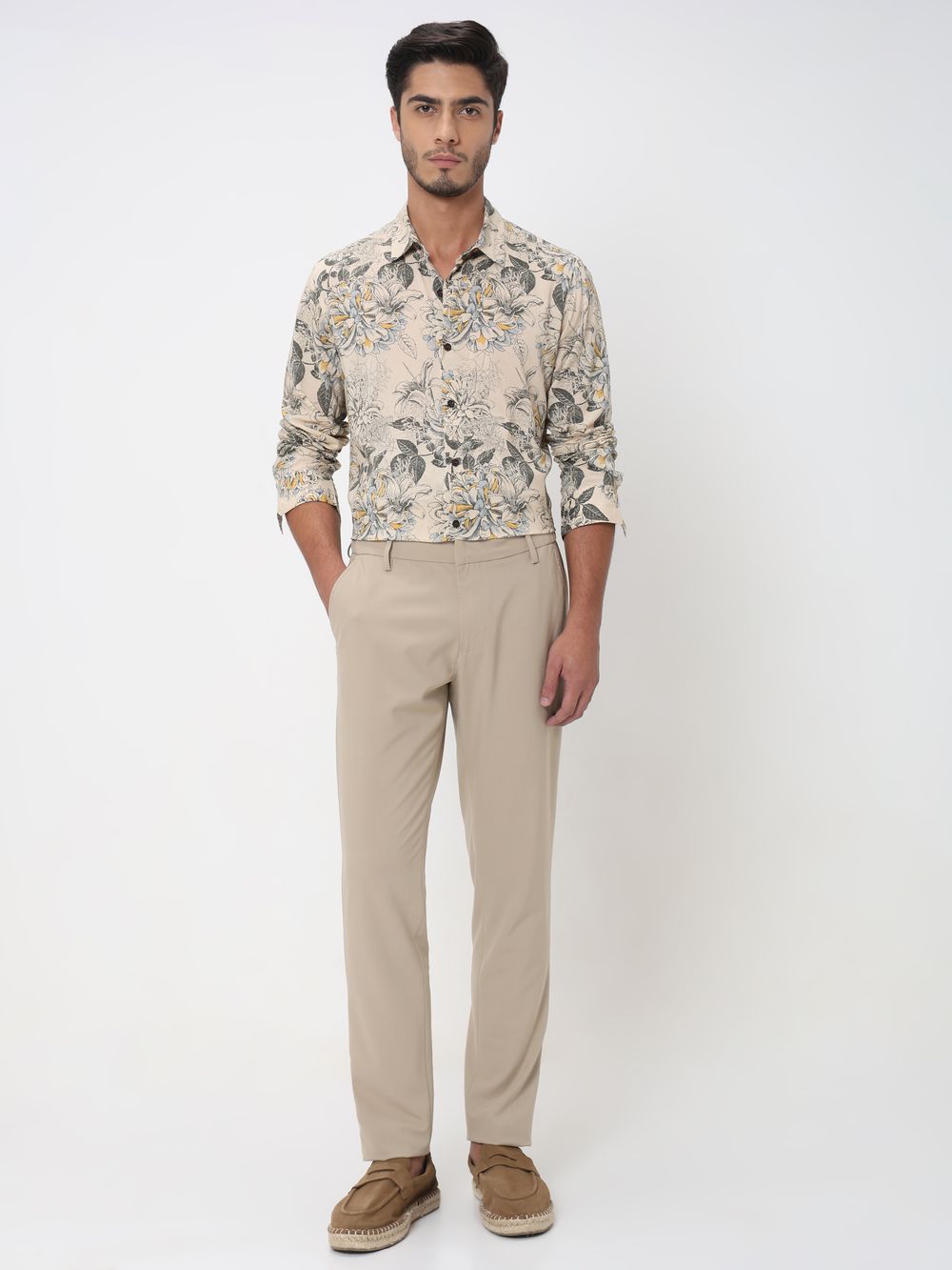 Beige Floral Print Slim Fit Casual Shirt