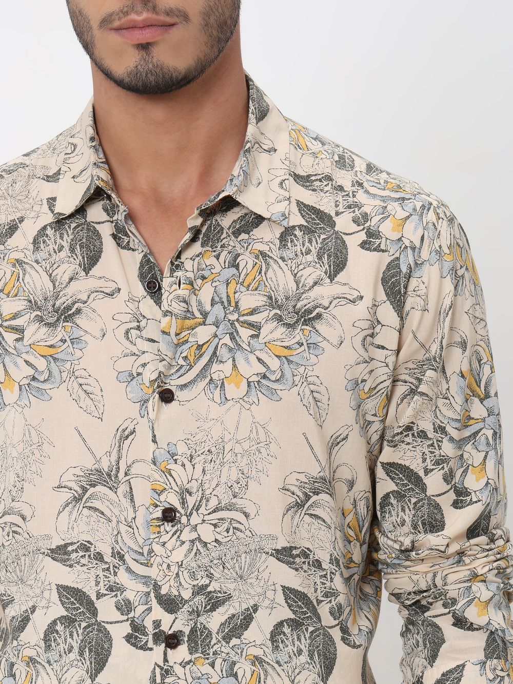 Beige Floral Print Slim Fit Casual Shirt