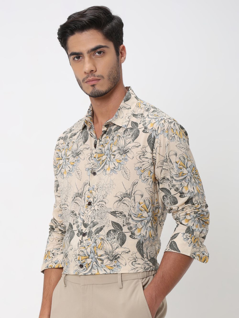 Beige Floral Print Slim Fit Casual Shirt