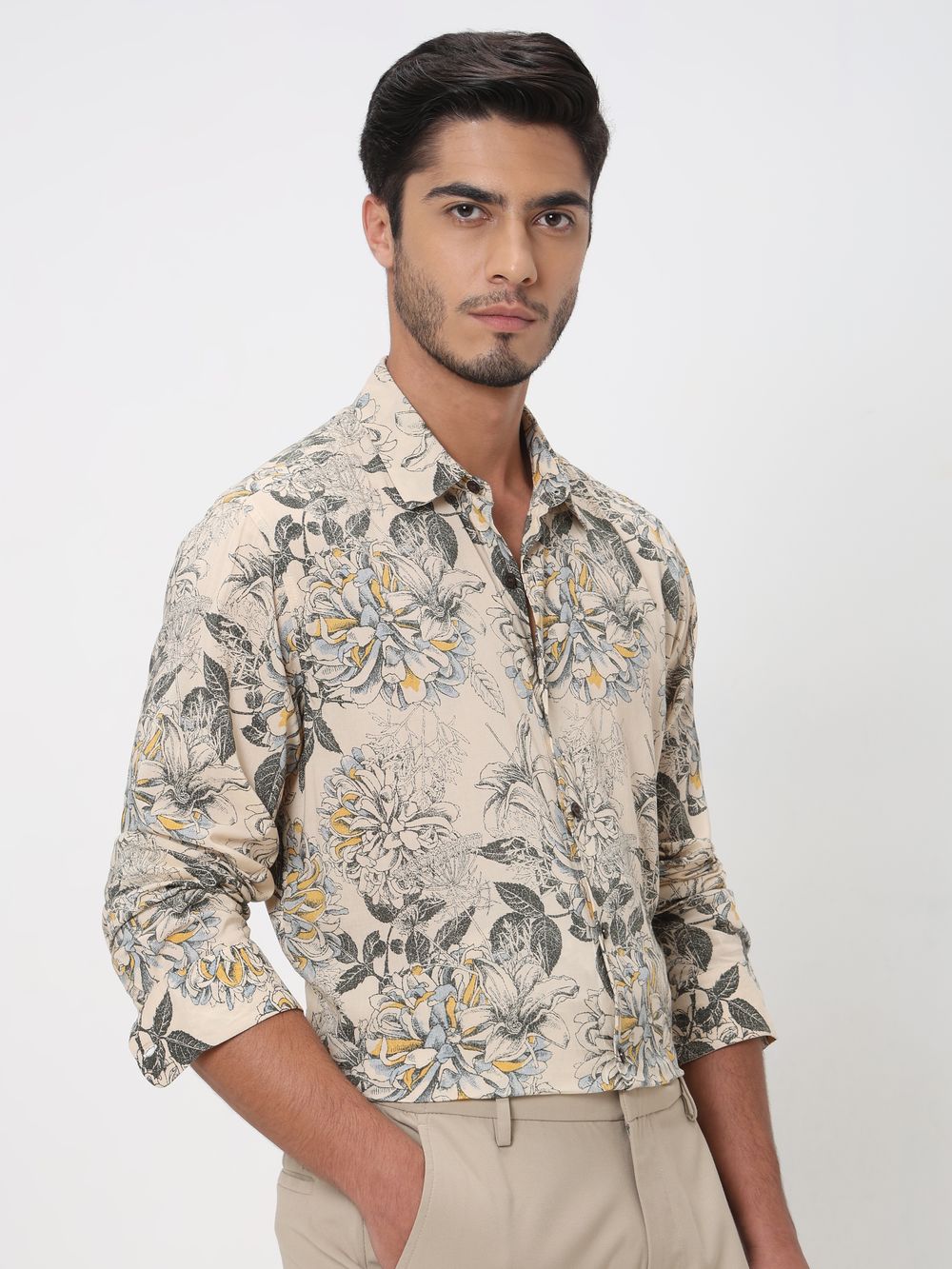 Beige Floral Print Slim Fit Casual Shirt