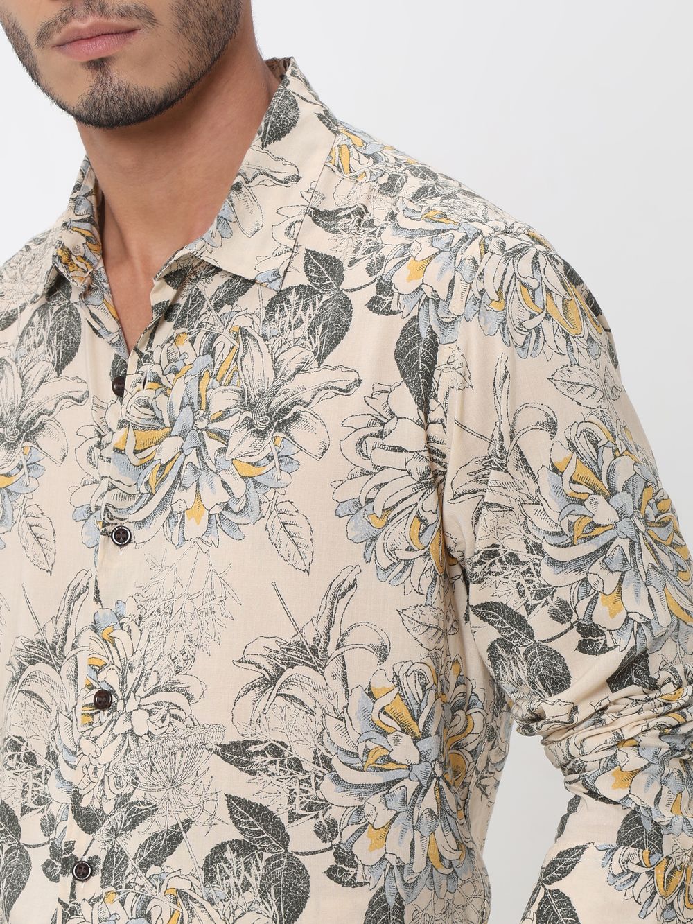 Beige Floral Print Slim Fit Casual Shirt